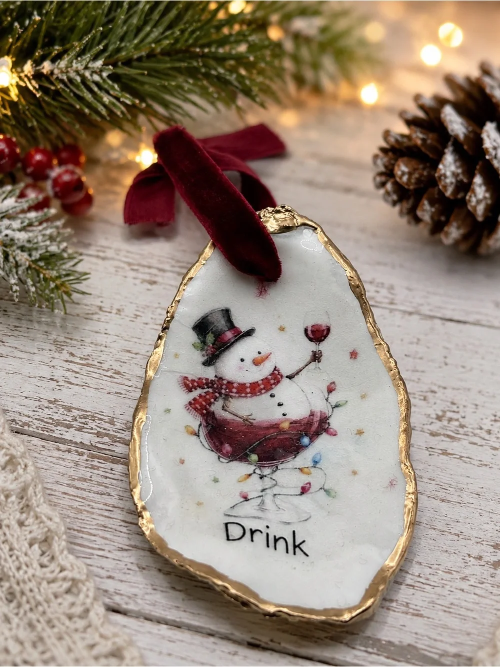 Holiday Snowman 'Drink' Oyster Shell Ornament - Red Accent